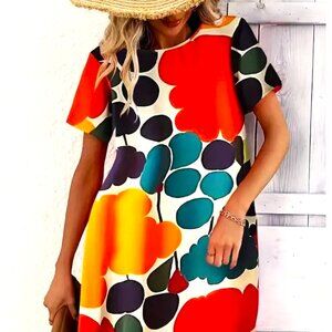COLORBLOCK DARK GREEN LEAF MULTICOLOR L KNEE LENGTH CREW NECK HIGH END DRESS